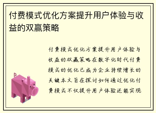 付费模式优化方案提升用户体验与收益的双赢策略
