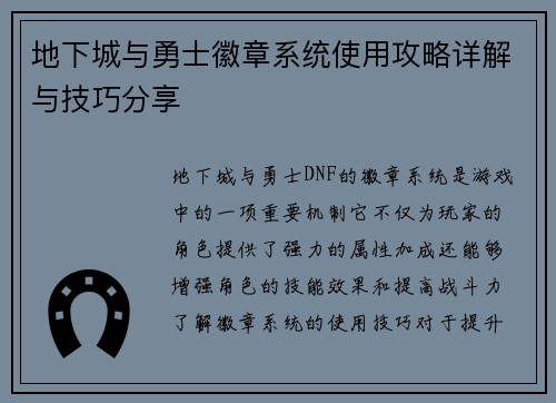 地下城与勇士徽章系统使用攻略详解与技巧分享